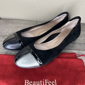 BeautiFeel Cap Toe Ballet Shoe Dress Pump Flat Leather EU 40 US 9.5 Black Silver